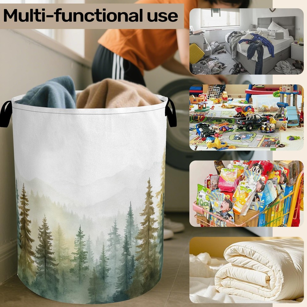 Misty Forest Green Foldable Laundry Hamper Waterproof Fabric Storage Bag