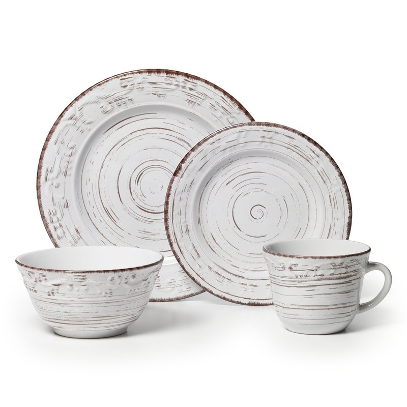 Rustic Trellis White 16 Piece Dinnerware Set Stoneware Farmhouse Tableware New