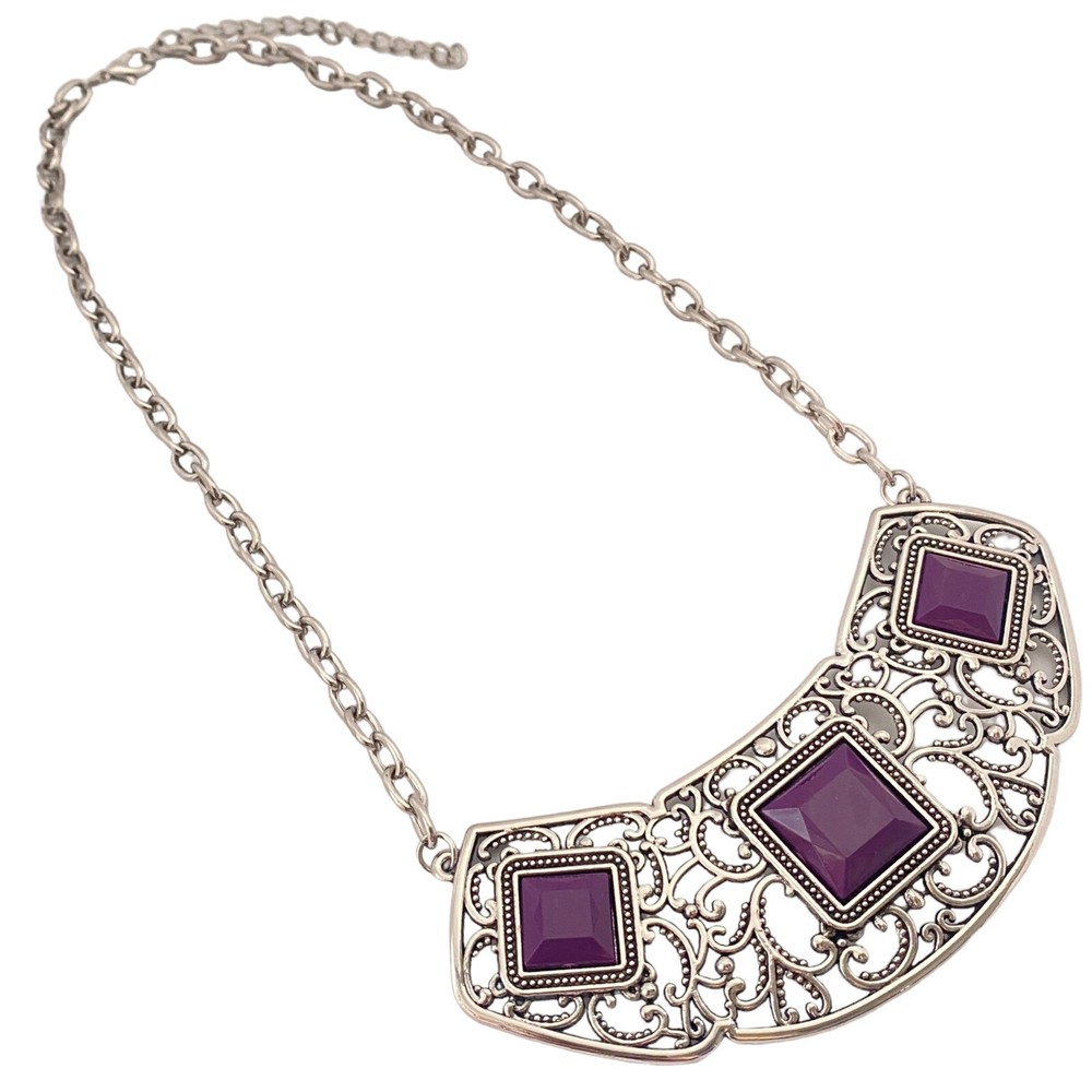 Silvertone Scroll Frame Link Chain Purple Square Pendant Bib Statement Necklace