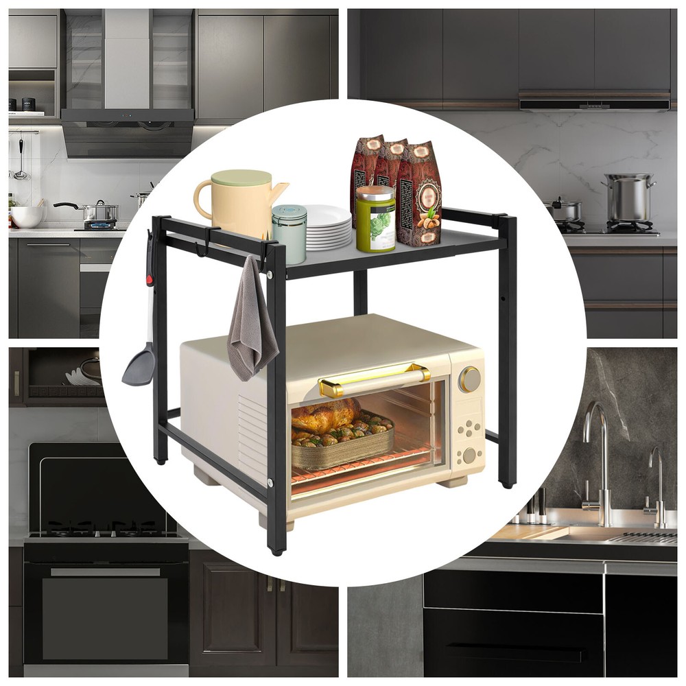 Adjustable Microwave Stand Black Oven Shelf Kitchen Countertop Organizer W/Hooks