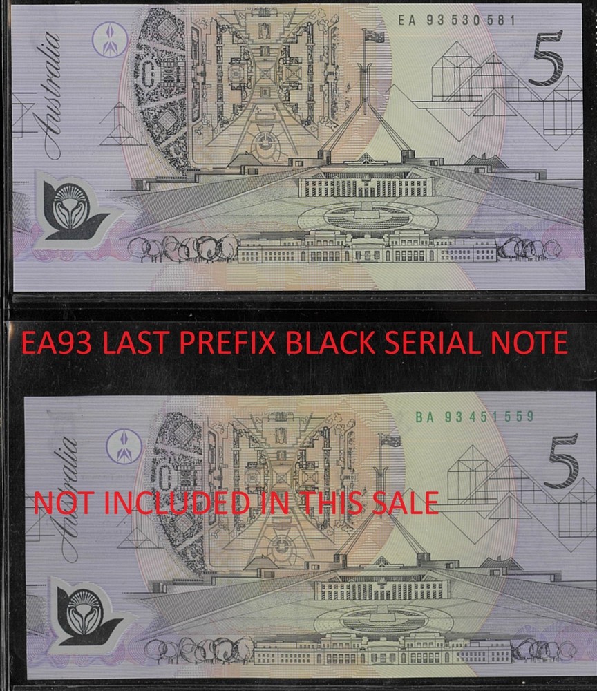 1993 Australia Rare Off-Centered Miscut Error $5 EA93 Last Prefix Polymer r216F