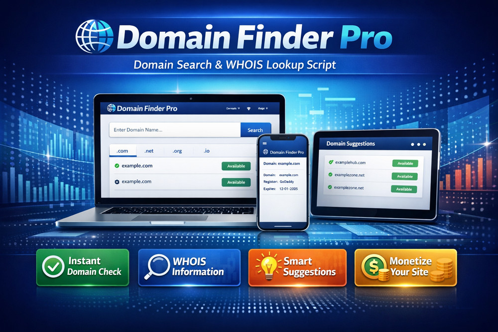 Domain Finder Pro Script | Domain Search + WHOIS Lookup Tool | SaaS PHP System