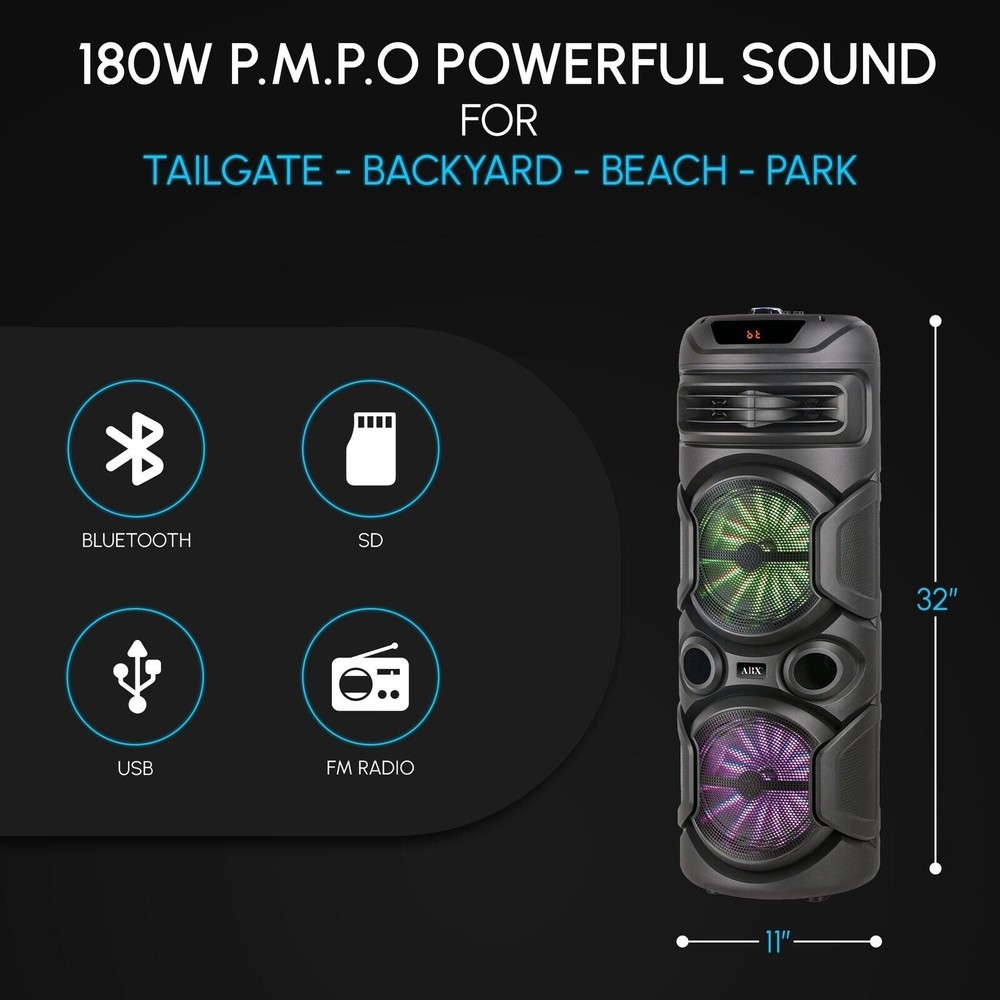 1800W Dual 8" Rechargeable Bluetooth Wireless Bluetooth Speaker with Mic & Light
