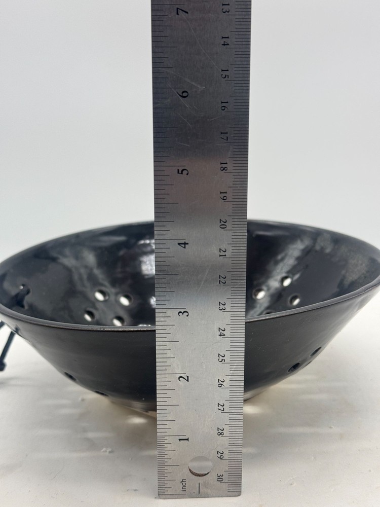 Studio Art Pottery Berry Strainer Colander Black Speckled Signed