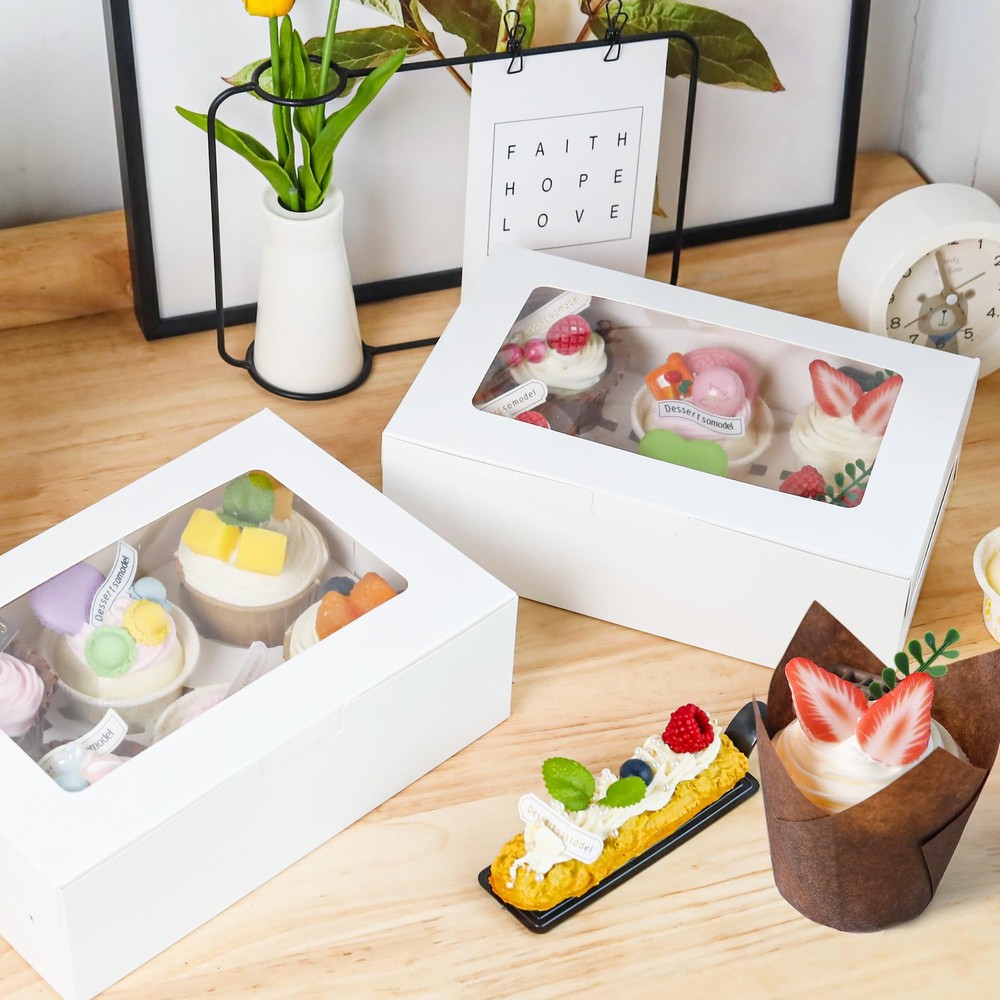 30 Pack Cupcake Boxes Inserts 6 Holders White Bakery Window Muffin Treat