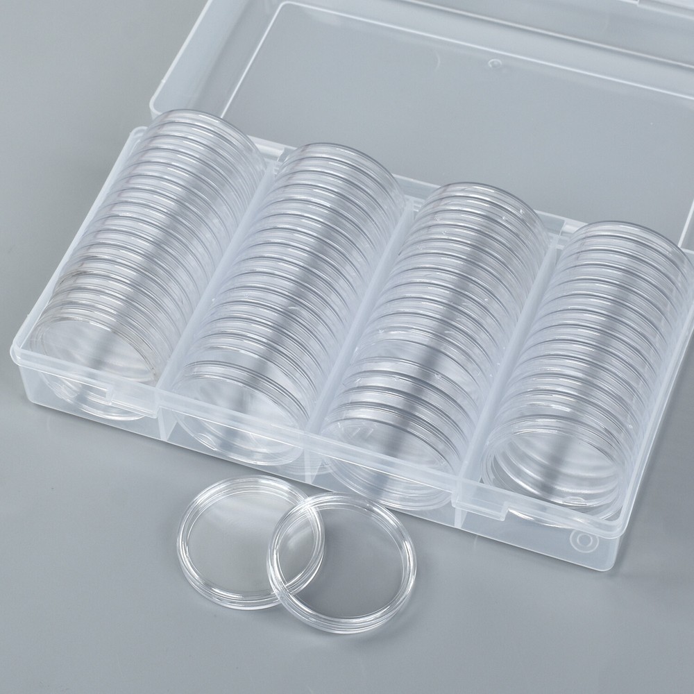 60Pcs 40mm Clear Round Plastic Coin Capsules with Plastic Storage Box Case