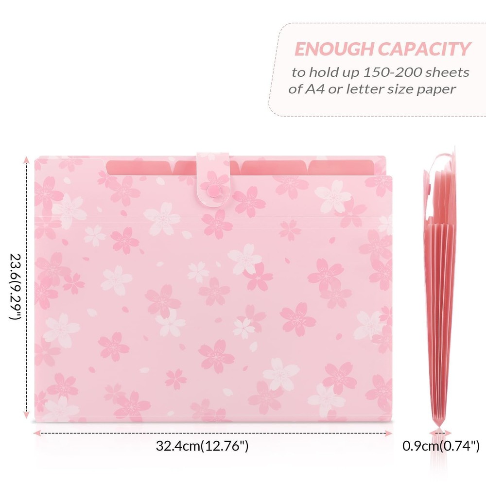 SKYDUE Pink Expanding File Folder with 5 Pockets, letter, A4, Sakura