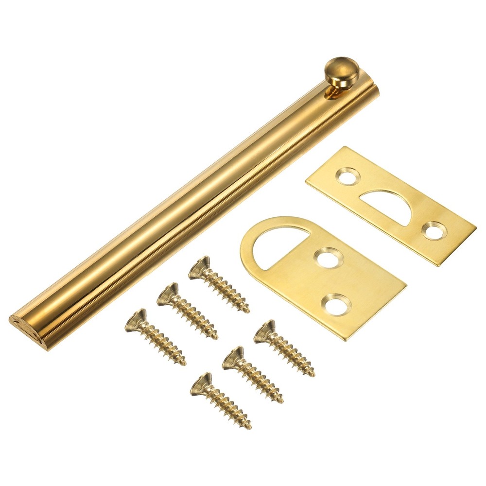 6" Solid Brass Surface Bolt, Polished Slide Latch Door Lock, Brass Tone