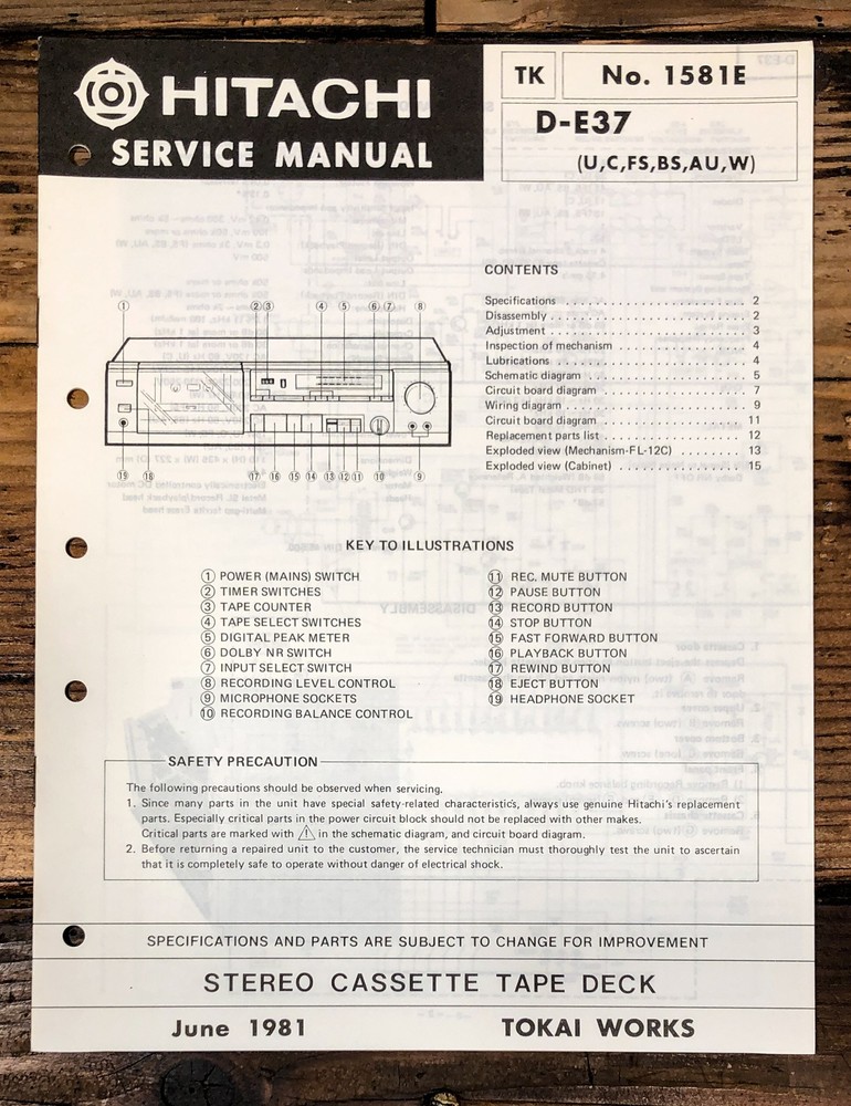 Hitachi D-E37 Cassette Service Manual *Original*