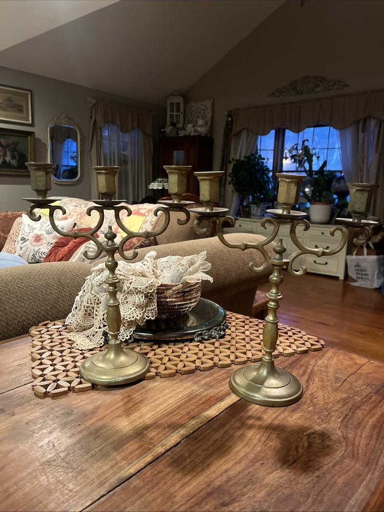 Antique Brass Candelabra Candlesticks Pair