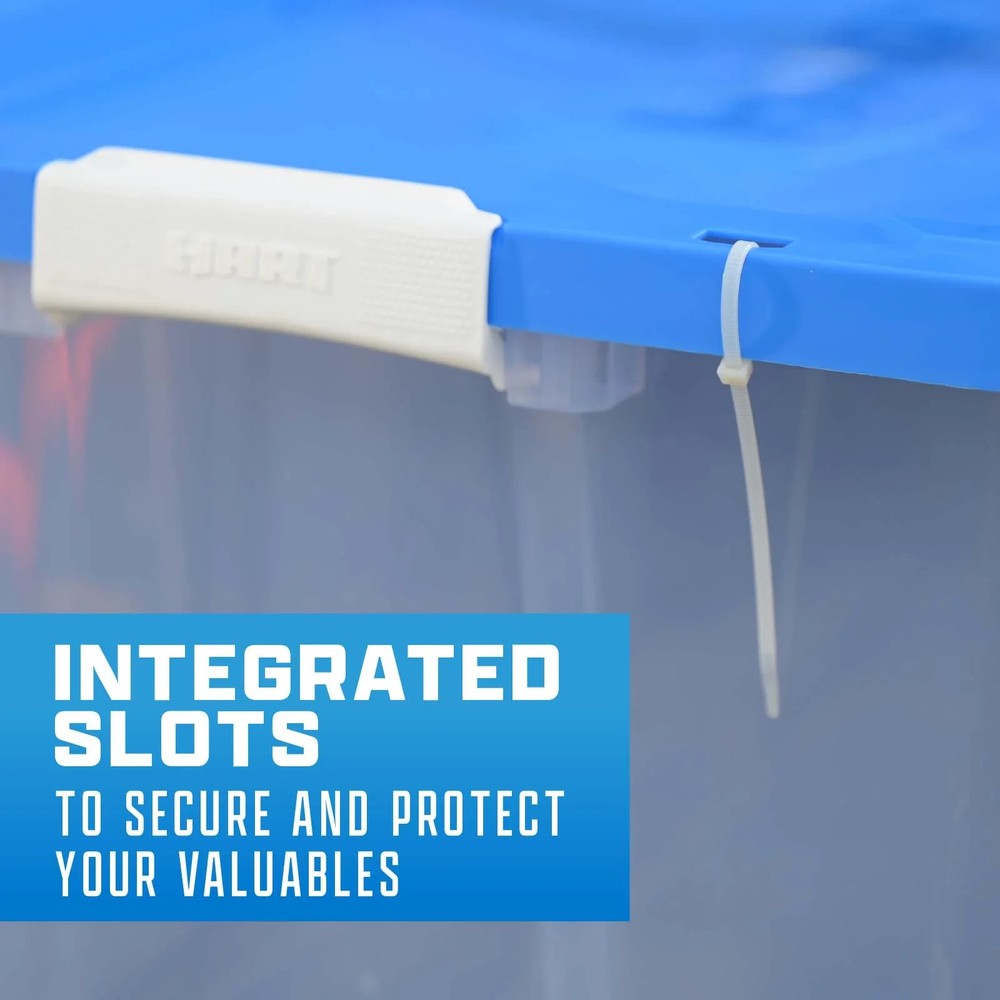 HART 68 Quart Clear Latching Plastic Storage Bin Container, Clear with Blue Lid,