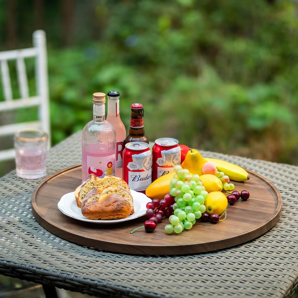 Hanobe 18" Round Wood Ottoman Serving Tray - Walnut Pattern