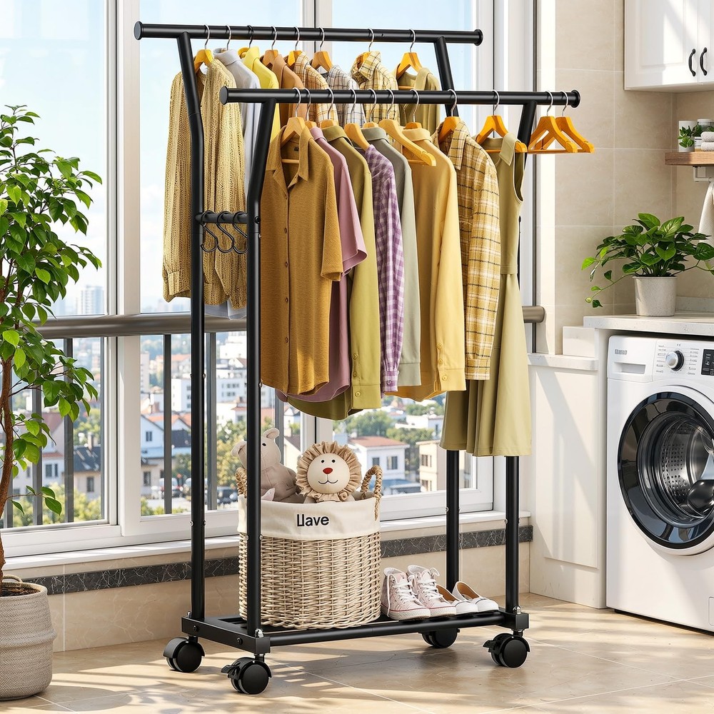 Double Rods Clothes Rack for Hanging Clothes, Rolling Clothing Rack with Side...