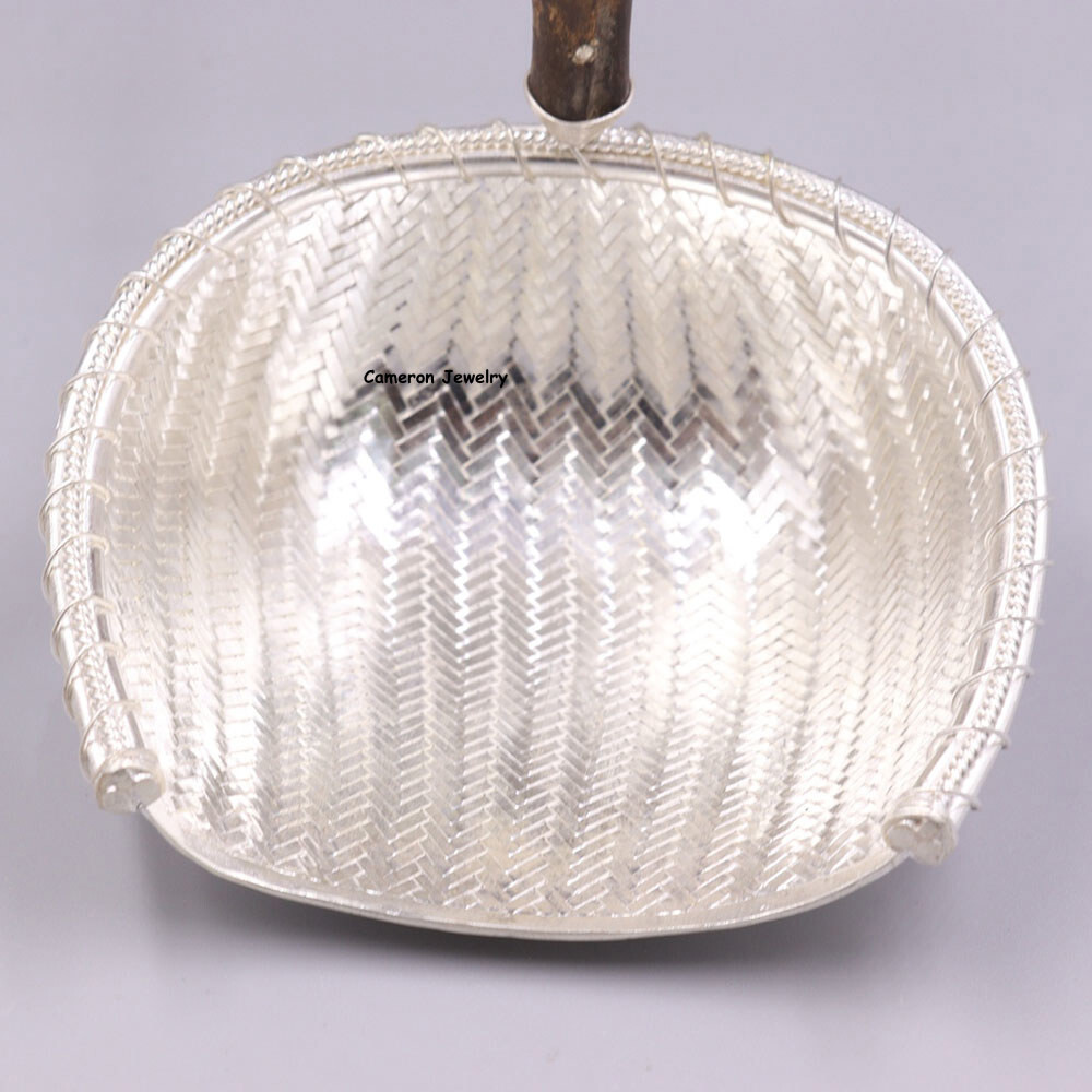 Solid S999 Fine Silver Tea Infuser Bamboo Handle Braided Tea Strainer 3.8in