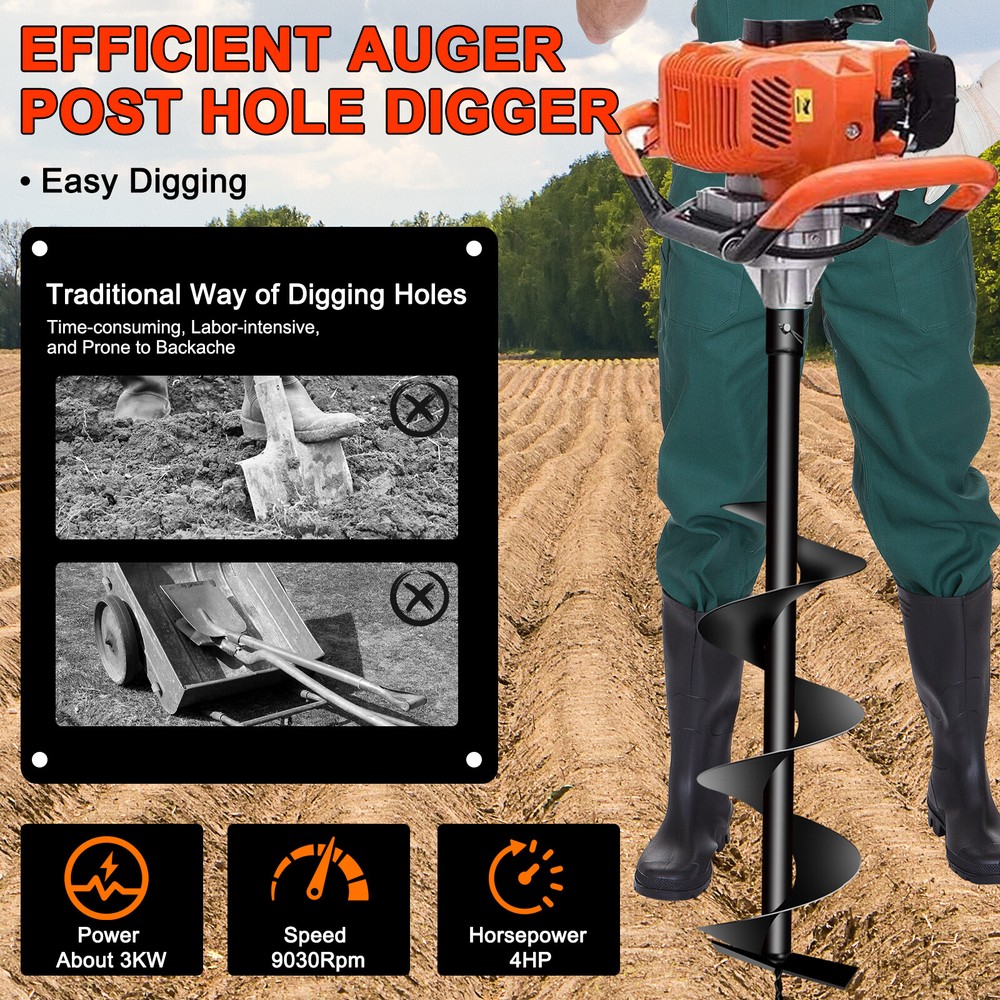 Heavy Duty 72CC Post Hole Digger w/3 Auger Bit 3 Extension Rods