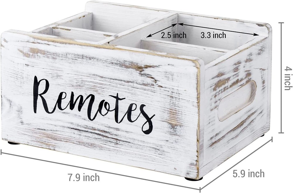 Whitewashed Wood Remote Control Holder Organizer / Tabletop Media Storage Caddy