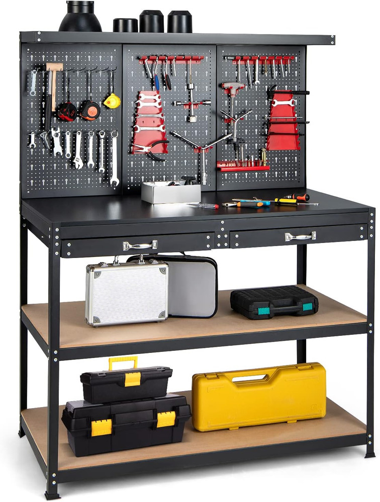 Work Bench with Storage, 48" X 24" Work Table with Pegboard, 2 Drawers, Hanging