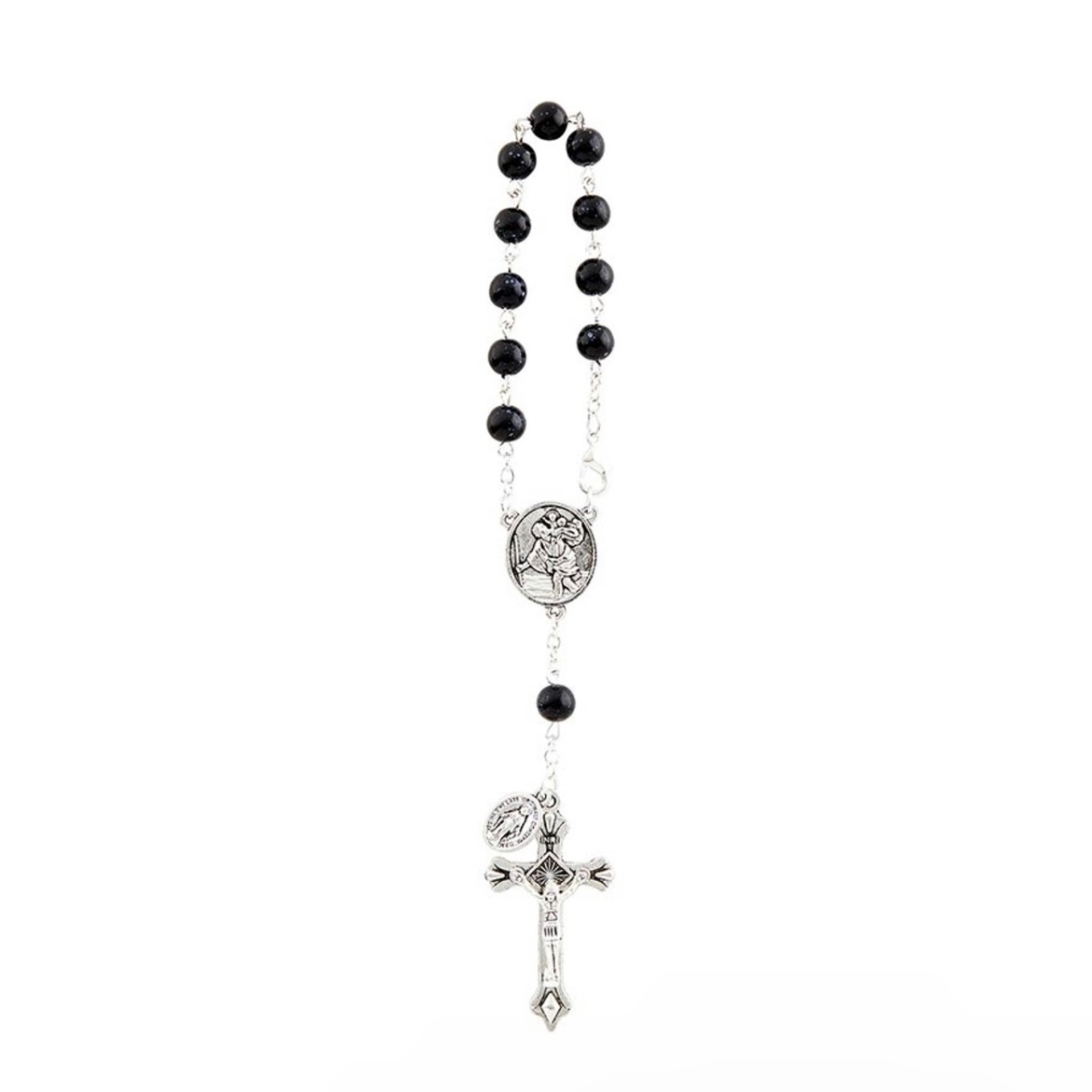 St Christopher Black Glass Rosary Car Mirror Pocket Miraculous Medal Crucifix