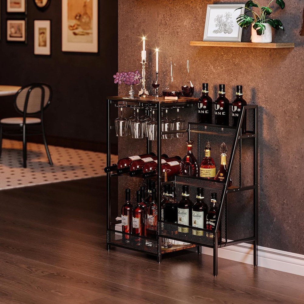Versatile Mini Bar Table with Large Capacity 3-Tier Liquor Display Shelf