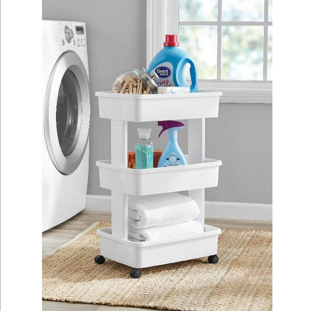 Mainstays 3-Tier Plastic Rolling Laundry Cart, Arctic White