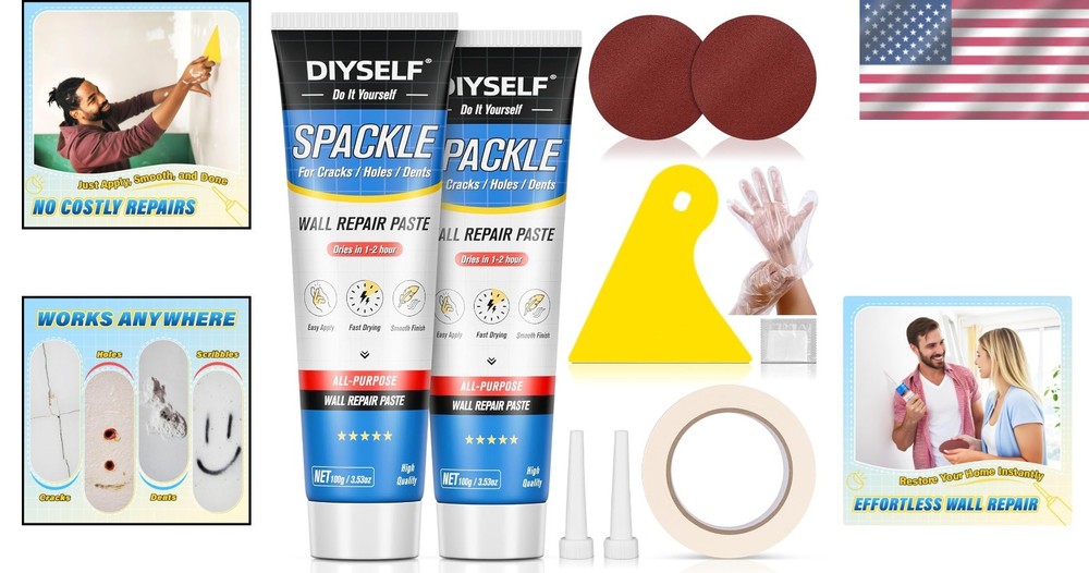 Complete 9 Pack Wall Repair Kit: Fast-Drying Spackling Paste & Application Tools