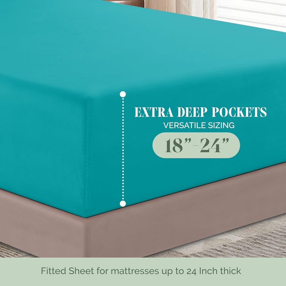 Extra Deep Pocket Queen Sheet Set - 1500 Thread Count Soft Teal Bedding
