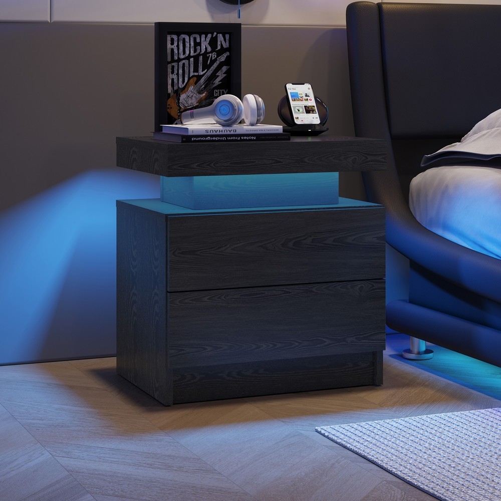 Nightstand LED Bedside Table Cabinet Lights Modern End Side with 2 Drawers