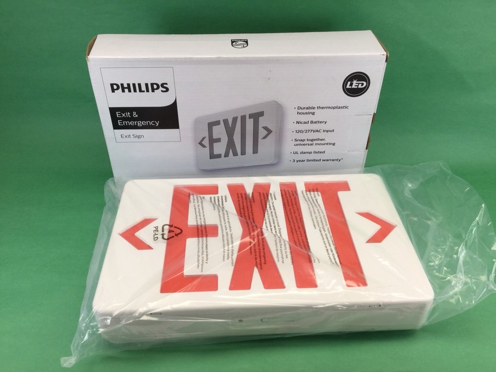 Philips PVERWEM Emergency LED Exit Sign Red Letter White Sign.