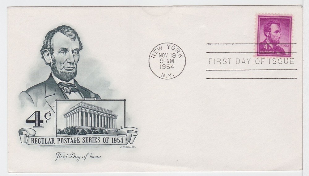 TurtlesTradingPost- Abraham Lincoln 4 Cent #1035- 1954 FDC Artmaster Cachet