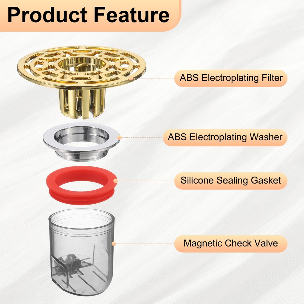 2Pcs ABS Shower Floor Drain Backflow Preventer for Kitchen Gold Clear