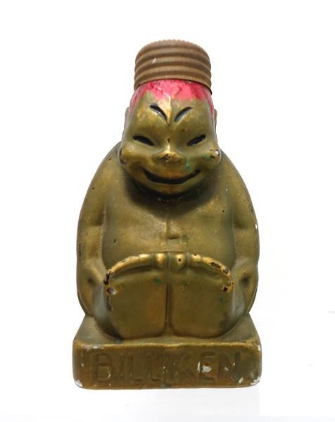ANTIQUE BILLIKEN GLASS CANDY CONTAINER 1908 WITH SHAKER TOP