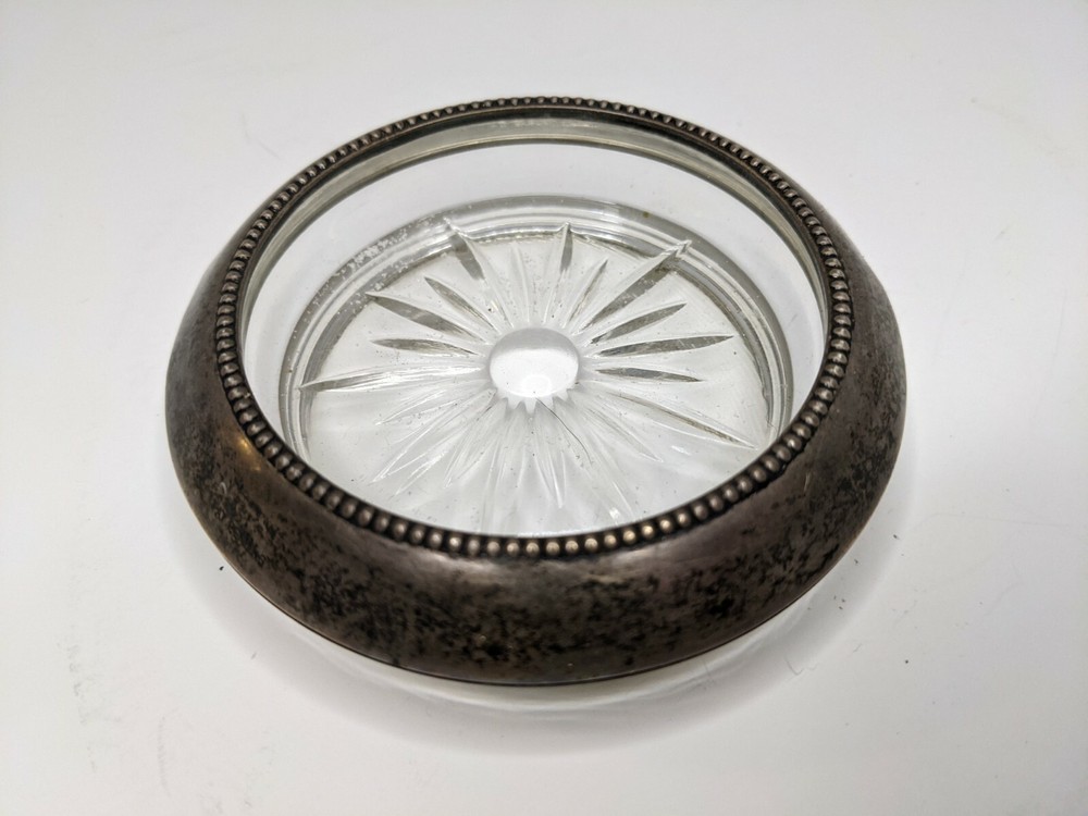Vintage Leonard Silver Plate Rim Glass Coaster