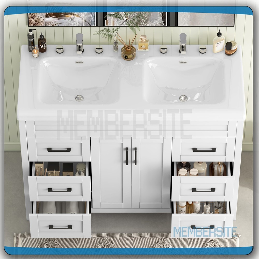 47.3" Bathroom Vanity Double Ceramic Sinks Storage Cabinet Bathroom Freestanding