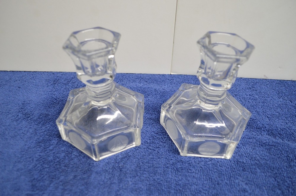 Clear Coin Glass -Pair Candlestick Candle Holders