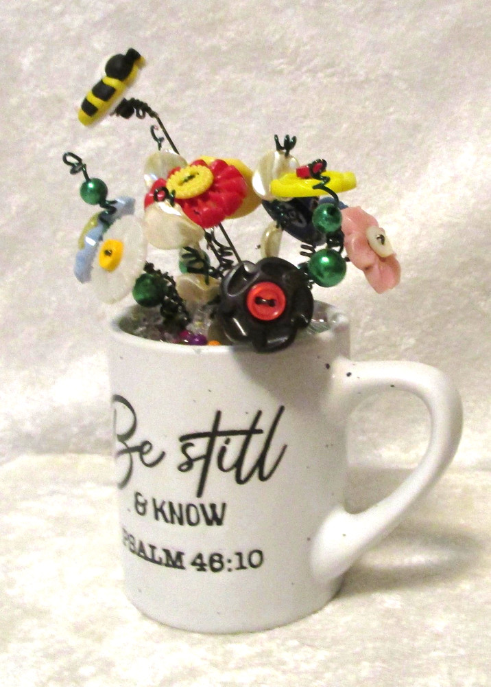 Button Bouquet "Be Still & Know" Psalm 46:10 Handmade OOAK