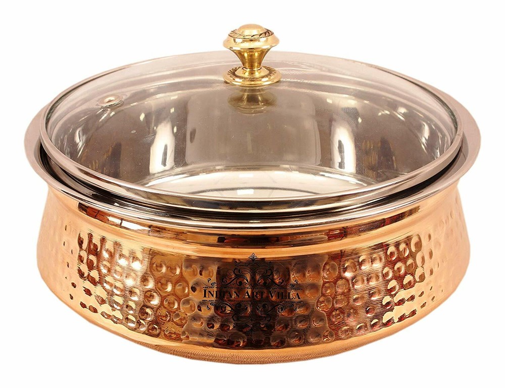 Copper Stee Hammered Casserole Donga Bowl With Glass Lid Tableware 1350ml