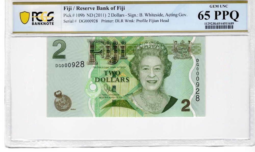 Fiji 2011 $2 PCGS Banknote Gem UNC 65 PPQ Pick 109b Low Serial #