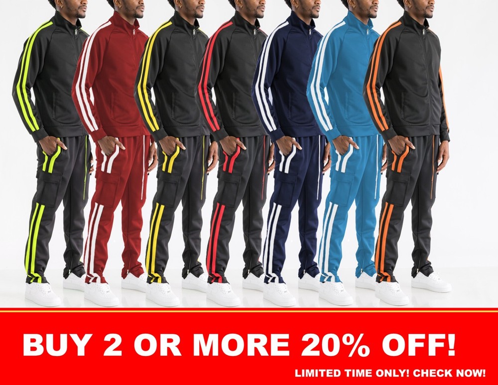 Mens  2 Stripes Tracksuit Set Jacket & Pants 2Pcs