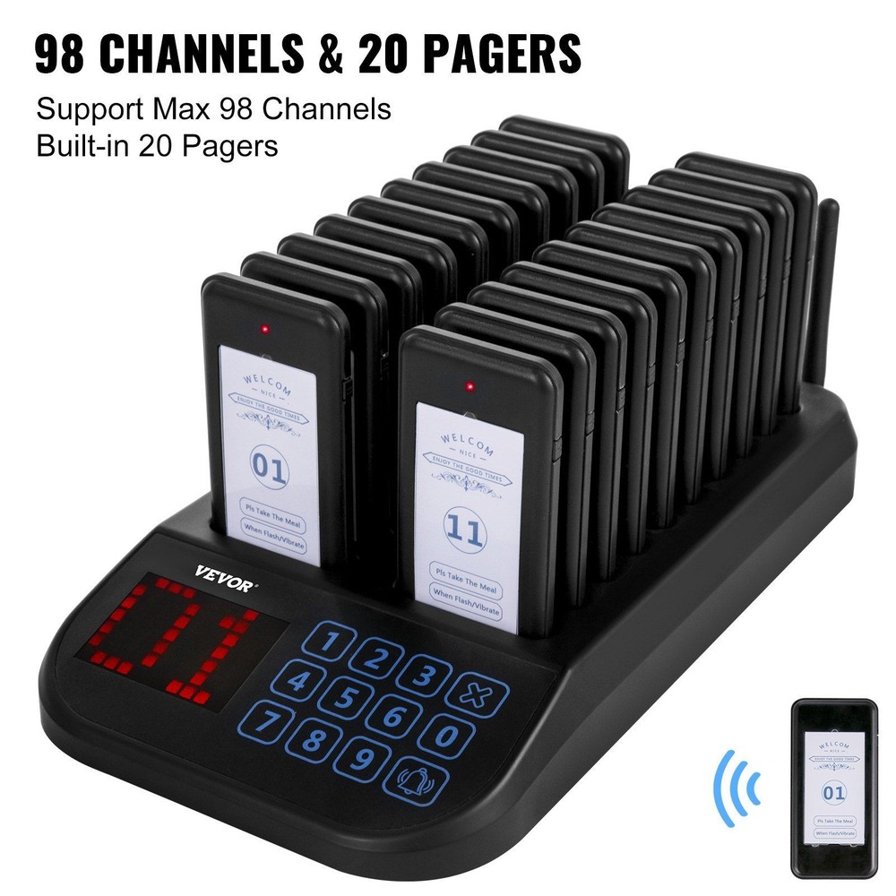20 Pagers & 98 Beepers Wireless Calling System with Vibration&Flashing&Buzzer