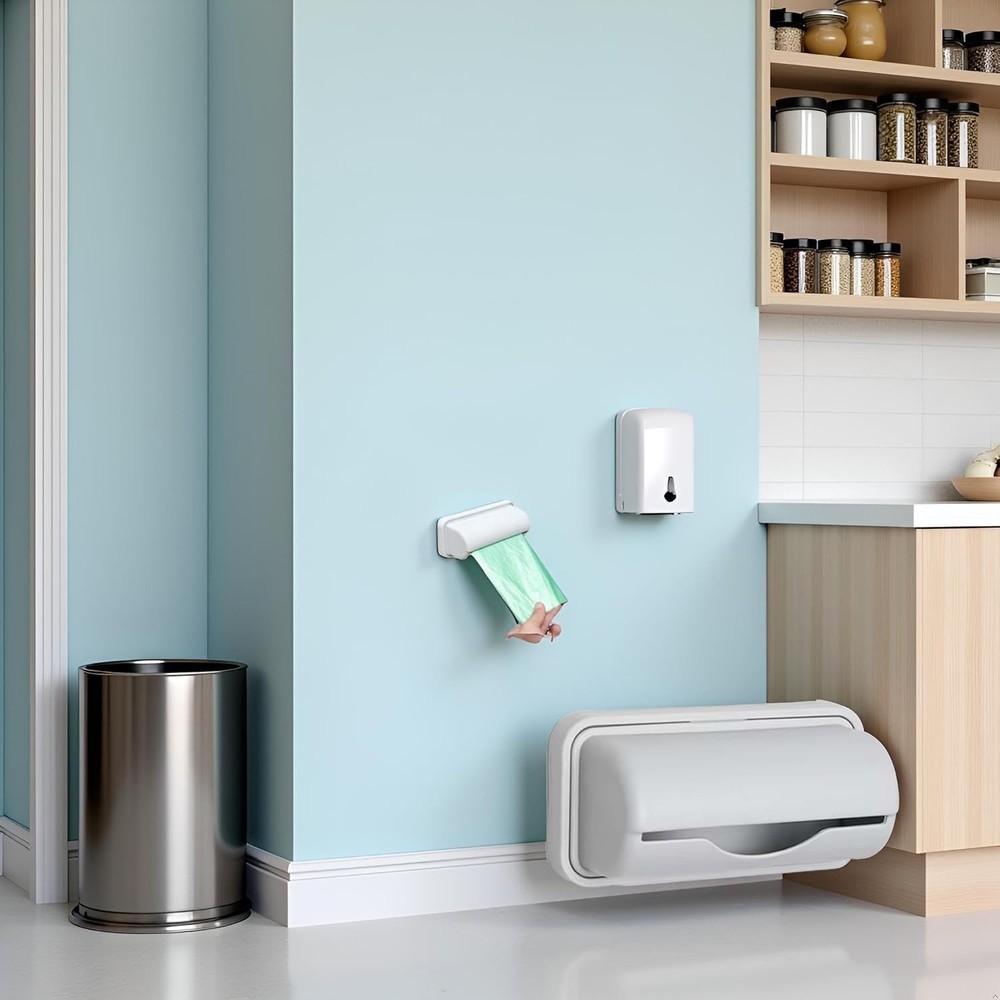 Gray wall-mounted garbage bag dispenser, small kitchen storage accessory