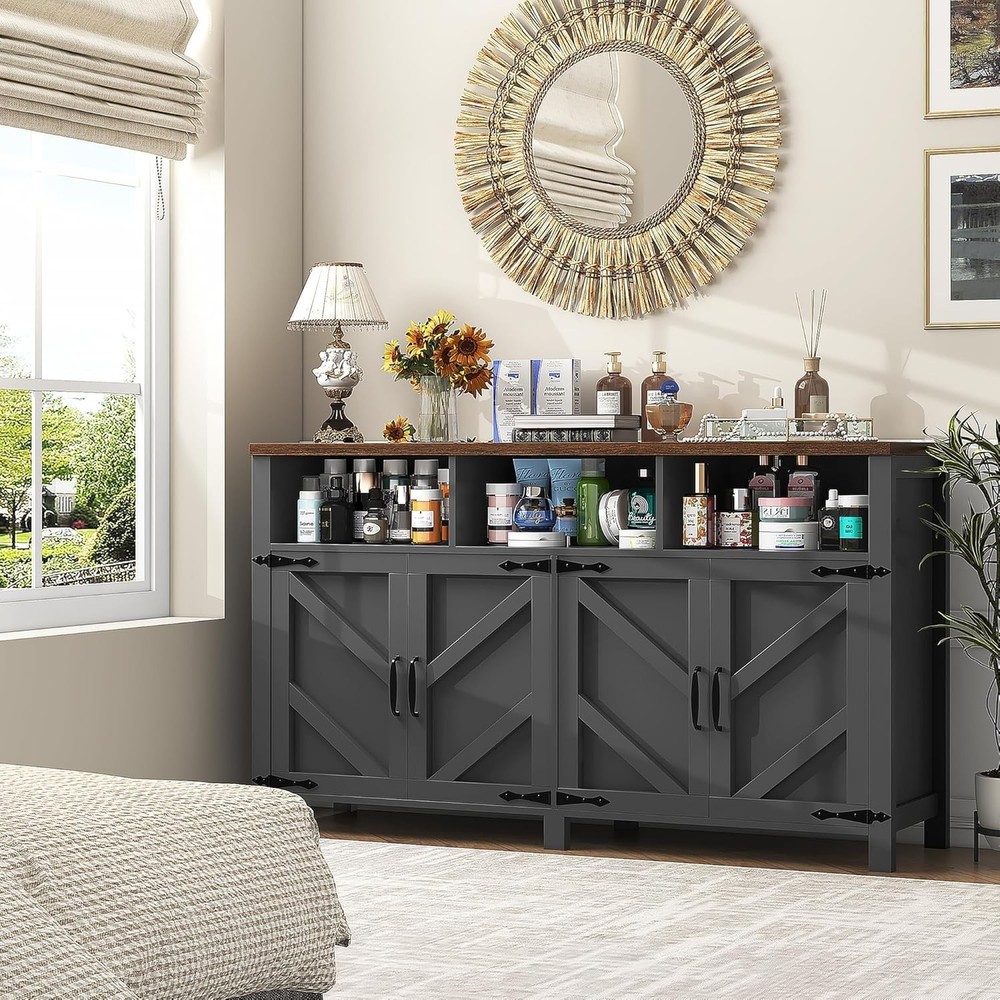 Buffet Sideboard with Storage Farmhouse with 4 Doors, 55'' Large Kitchen Stor...