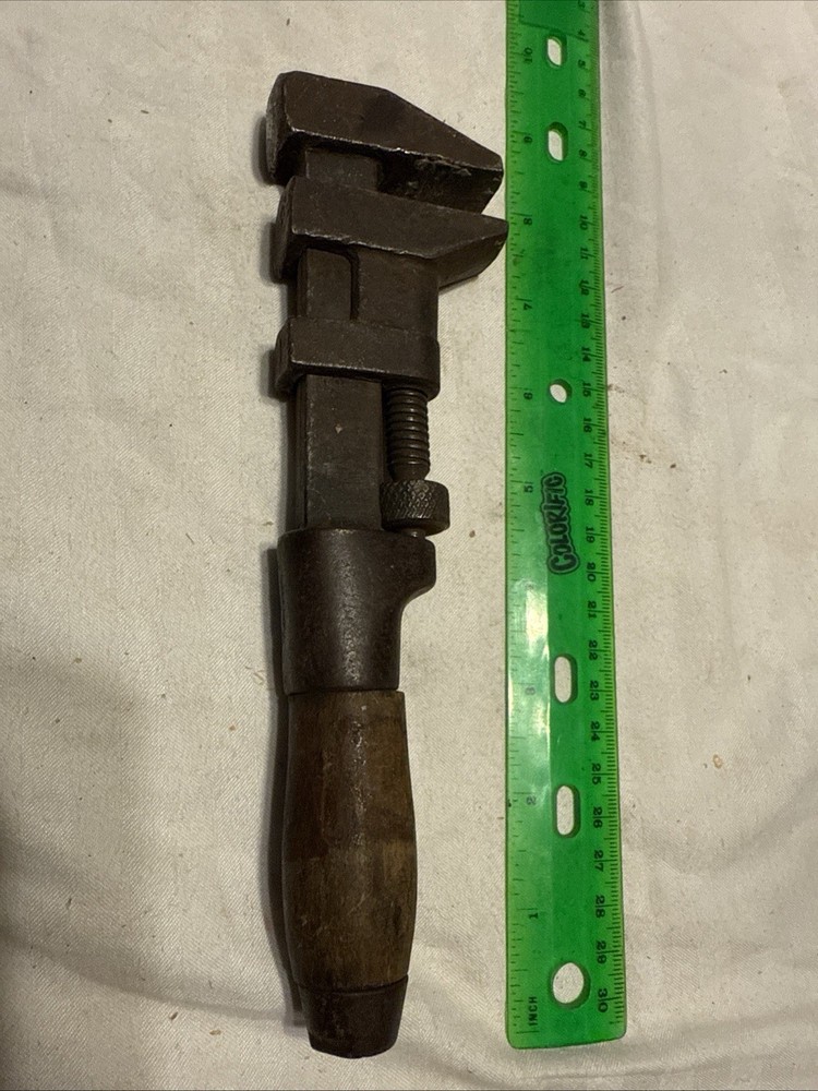 Adjustable 9” Pipe Wrench With Wooden Handle-antique