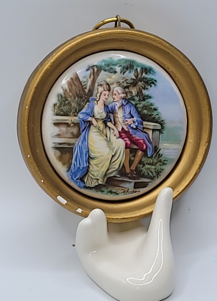 Victorian Hand Painted Courting Scene Tile • Chalkware Frame Wall Plaque •Signed