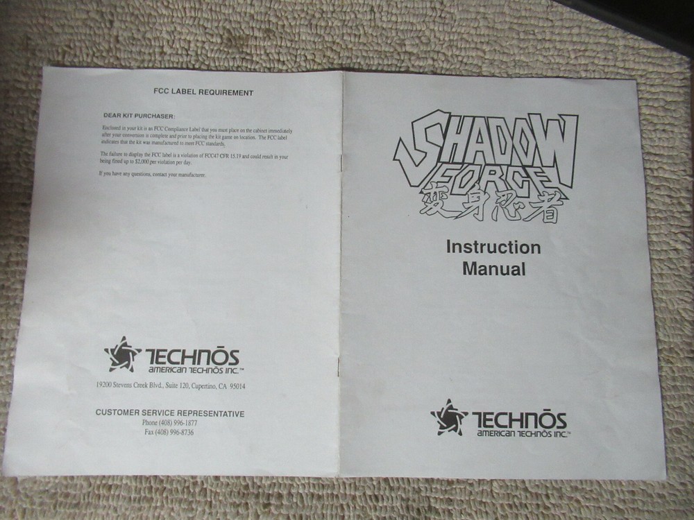 original SHADOW FORCE TECHNOS   arcade video game owners manual