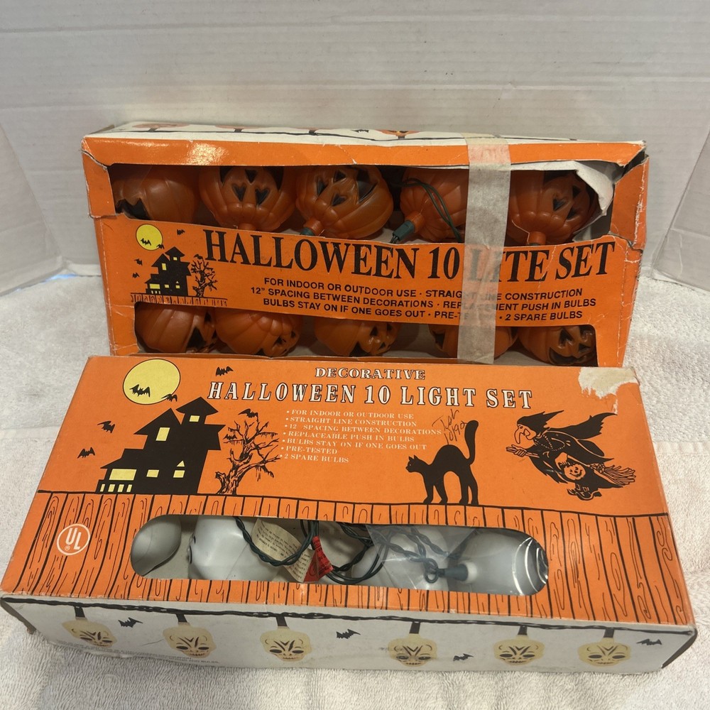 Vtg  Halloween Stringer  String 10 Light Set Blow Mold Pumpkins Skulls