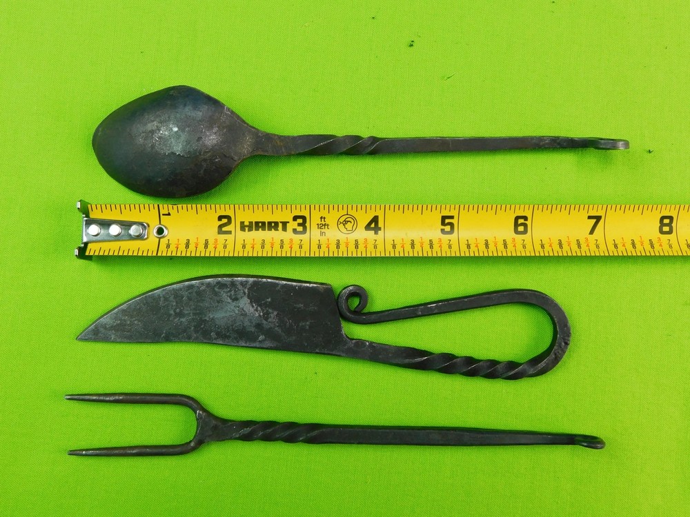 Vintage US Blacksmith Knife Spoon Fork Camp Set w/ Sheath