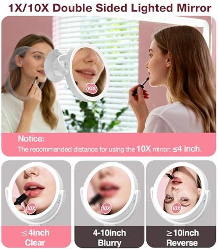 Suction Cup Magnifying Mirror with Light 10X, Wall Mounted Makeup Mirror White