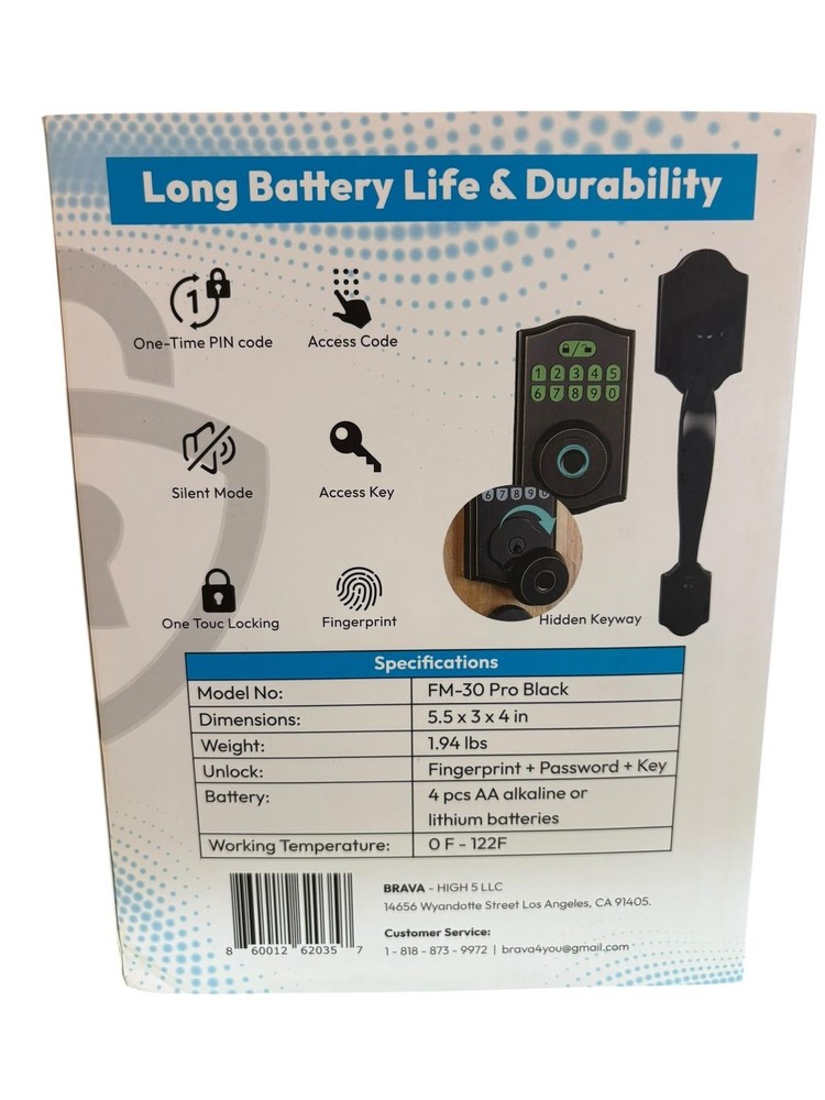 BRAVA Keyless Smart Deadbolt – 3-in-1 Biometric, Keypad & Code Lock with