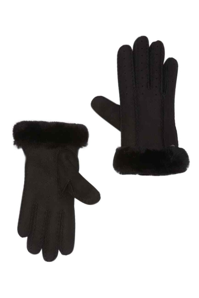 NWT UGG Australia Perforated 2 Point Leather Gloves Shearling Cuff Black Large