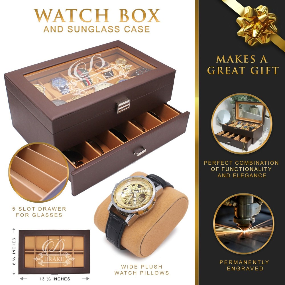 Personalized Watch and Sunglasses Box with Drawer